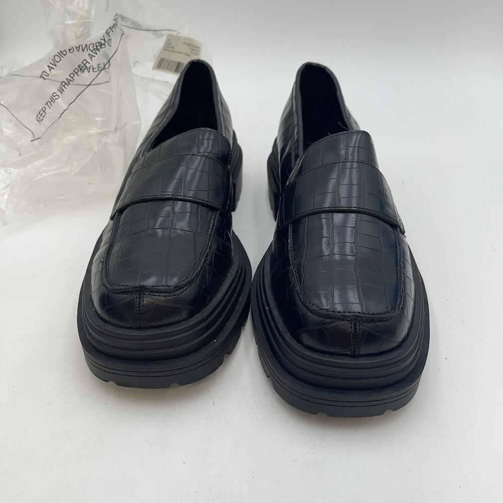 Topshop Laura Shoes Womens Black Faux Leather Loafer Flats Croc Print Size 9